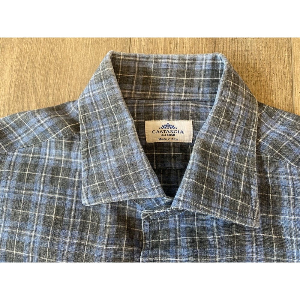 CASTANGIA 1850 Mens 17.5/44 XL Linen Long Sleeve Plaid Button Up Shirt Italian - Picture 3 of 10